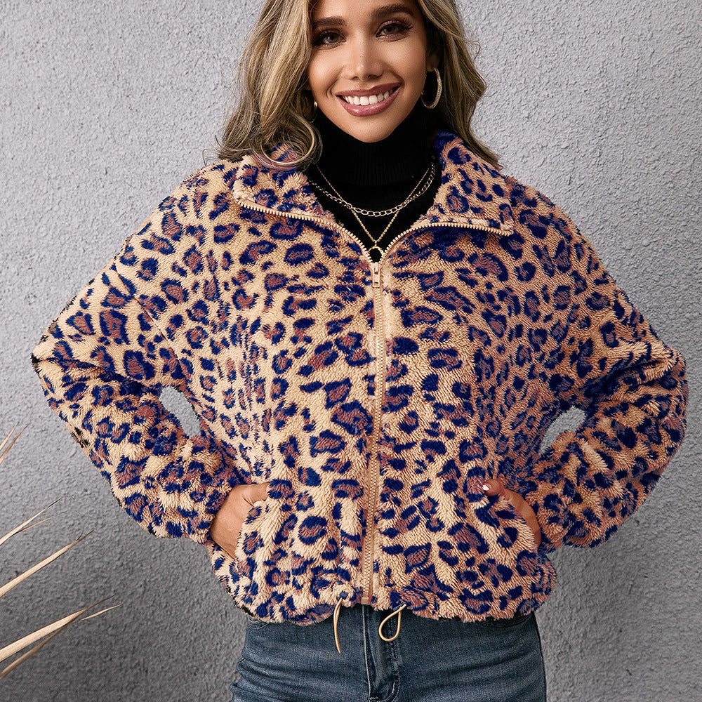 Damen Fleecejacke mit Leoparddruck und seitlichen Taschen