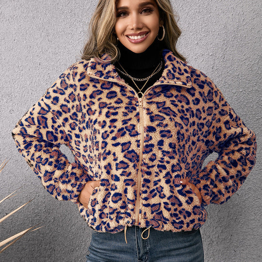 Damen Fleecejacke mit Leoparddruck und seitlichen Taschen