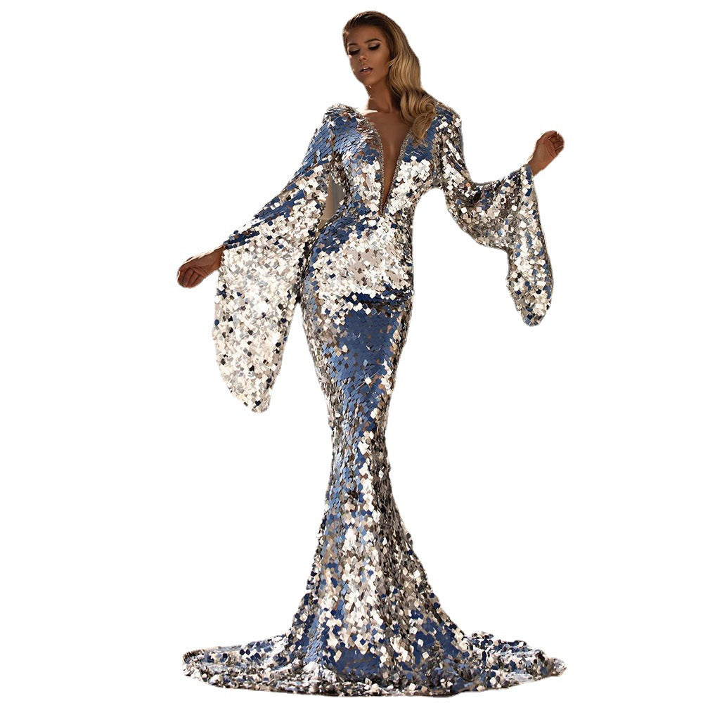 Damen Glamouröses Pailletten Abendkleid mit tiefem V-Ausschnitt und langen Ärmeln