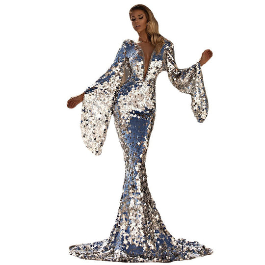 Damen Glamouröses Pailletten Abendkleid mit tiefem V-Ausschnitt und langen Ärmeln