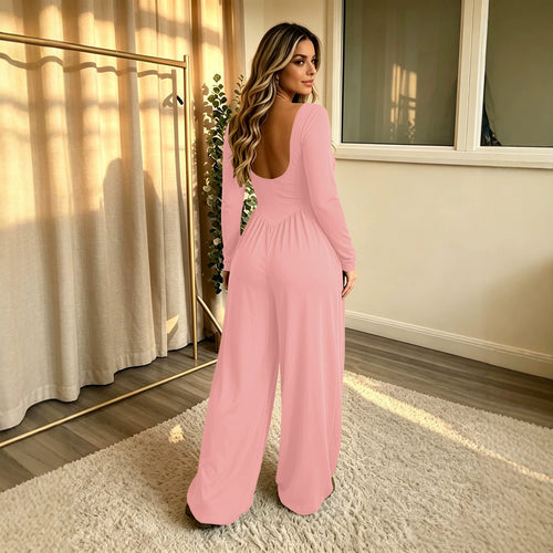 Damen Langer Jumpsuit mit weitem Bein, tiefem Rundhals und Eingrifftaschen Shop Nory