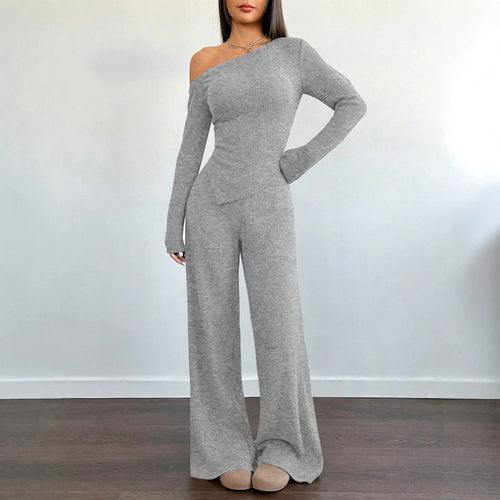 Damen Asymmetrisches Strick-Lounge-Set mit One-Shoulder-Oberteil und weitem Bein Shop Nory