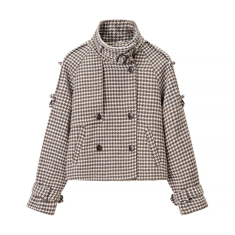 Damen Oversize-Trenchcoat mit Hahnentritt-Muster, hohem Stehkragen und Schulterklappen Shop Nory