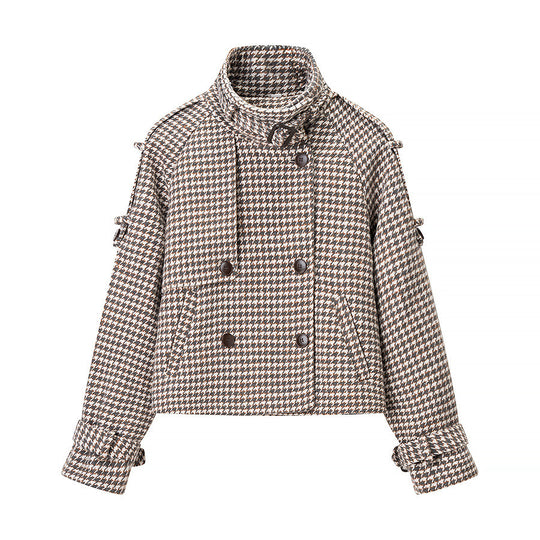 Damen Oversize-Trenchcoat mit Hahnentritt-Muster, hohem Stehkragen und Schulterklappen Shop Nory
