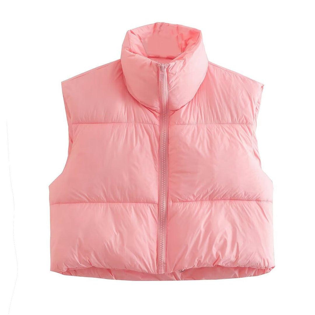 Damen cropped Daunenweste mit hohem Kragen und praktischen Taschen