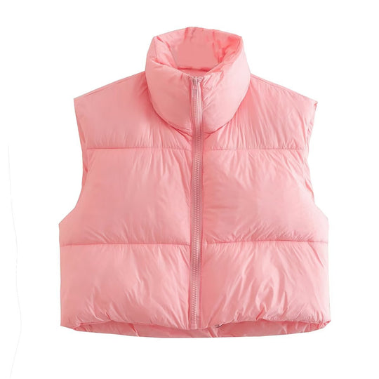 Damen cropped Daunenweste mit hohem Kragen und praktischen Taschen