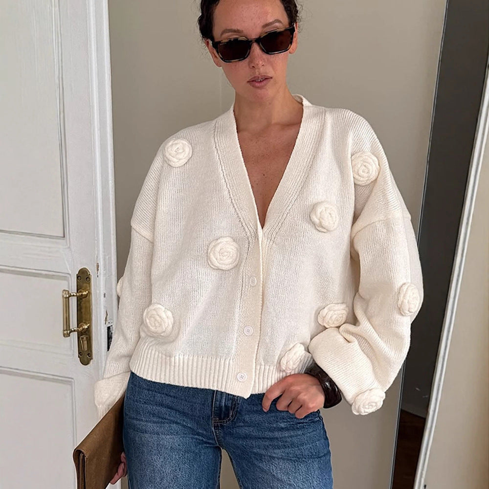 Damen Oversize-Strickcardigan mit dreidimensionalen Rosenapplikationen und V-Ausschnitt Shop Nory