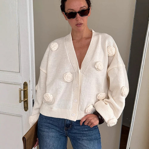 Damen Oversize-Strickcardigan mit dreidimensionalen Rosenapplikationen und V-Ausschnitt Shop Nory