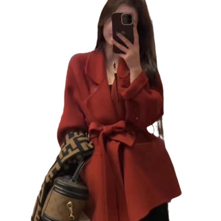 Damen Kurzer Wickelmantel aus Wollmix mit Bindegürtel und weitem Revers Shop Nory
