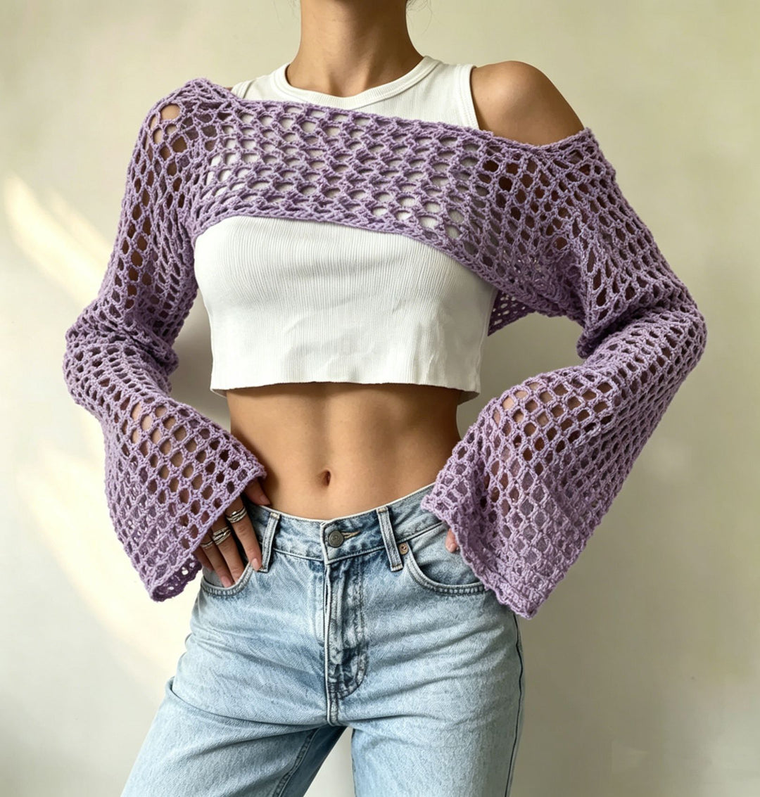 Damen gehäkelter kurzer Bolero mit asymmetrischem Schulterauschnitt und ausgestellten Ärmeln Shop Nory