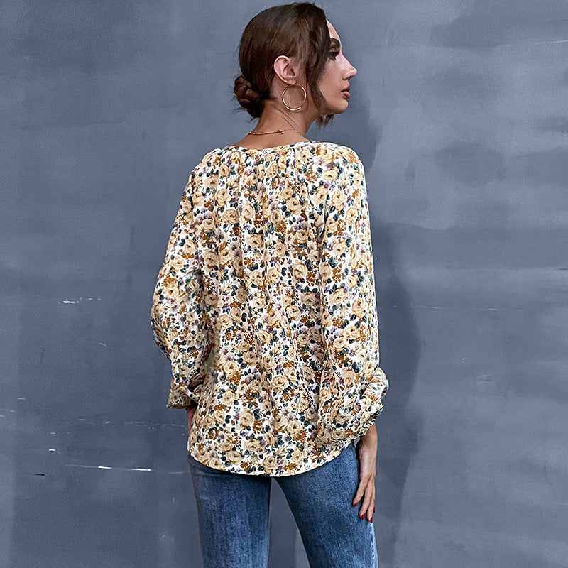 Damen Leichte V-Ausschnitt Blumenbluse mit Ballonärmeln Shop Nory