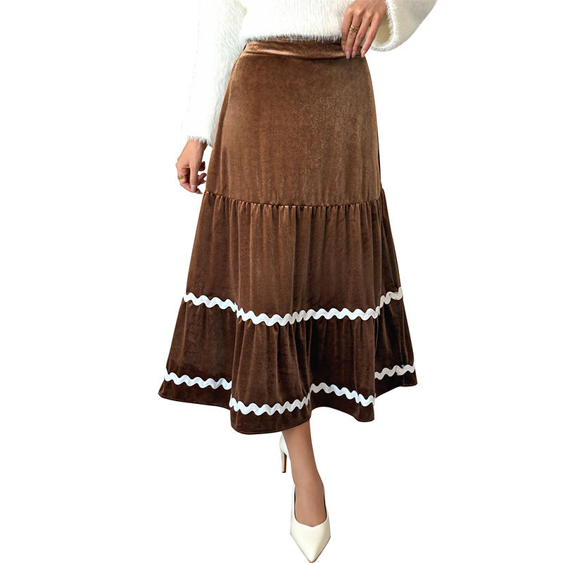 Damen Taillierter Samt‑Midirock mit Stufen‑Volants und Zierborte Shop Nory