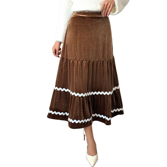 Damen Taillierter Samt‑Midirock mit Stufen‑Volants und Zierborte Shop Nory