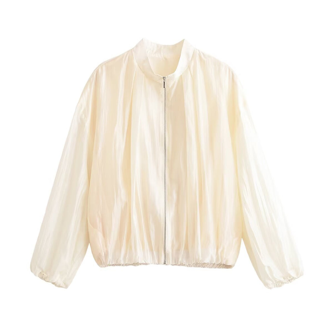 Damen Leichte transparente Bomberjacke aus Chiffon mit Stehkragen Shop Nory