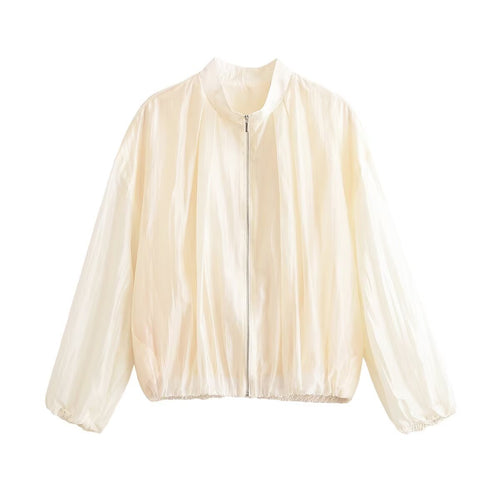 Damen Leichte transparente Bomberjacke aus Chiffon mit Stehkragen Shop Nory