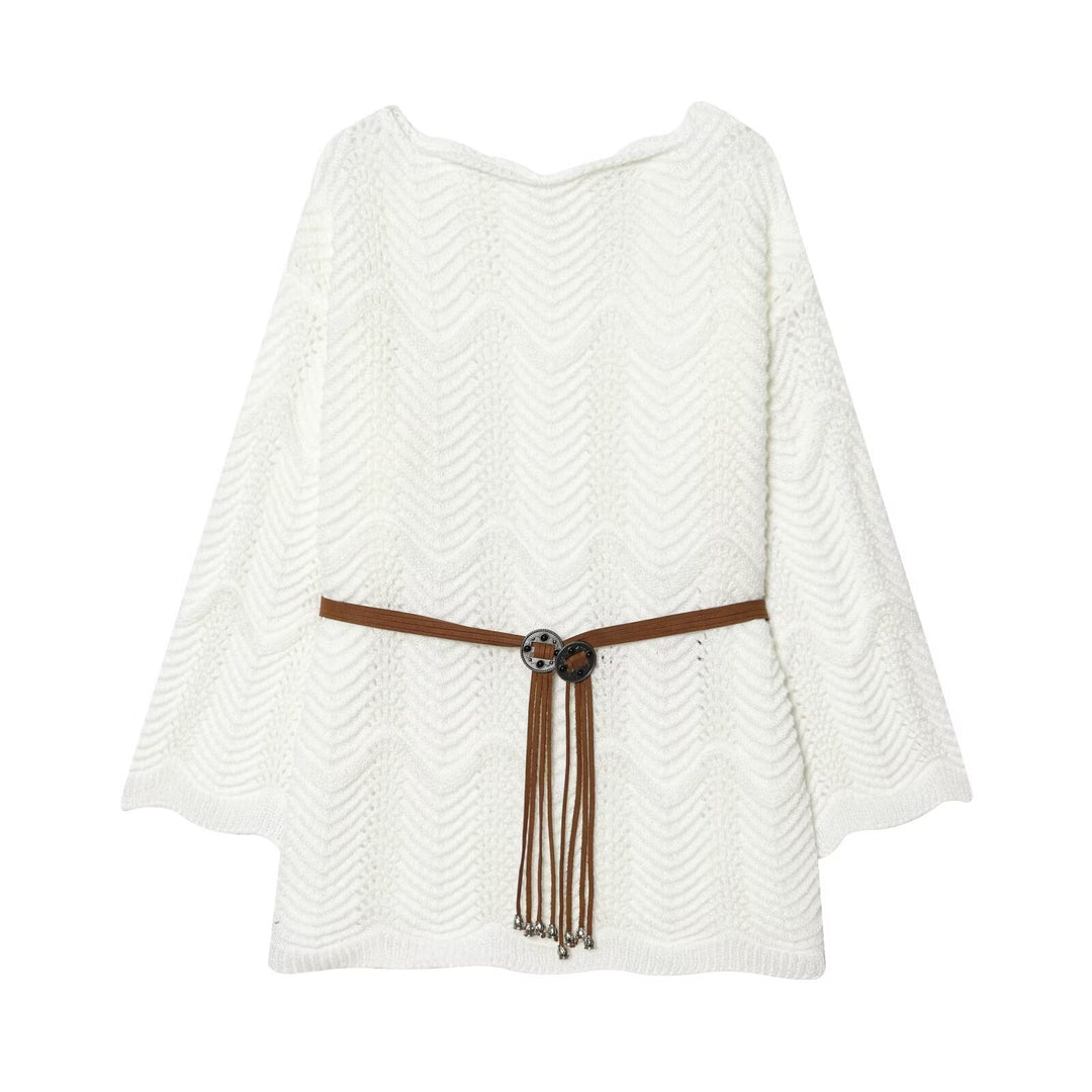 Damen Strickponcho mit Zickzack‑Ajourmuster und Taillengürtel Shop Nory