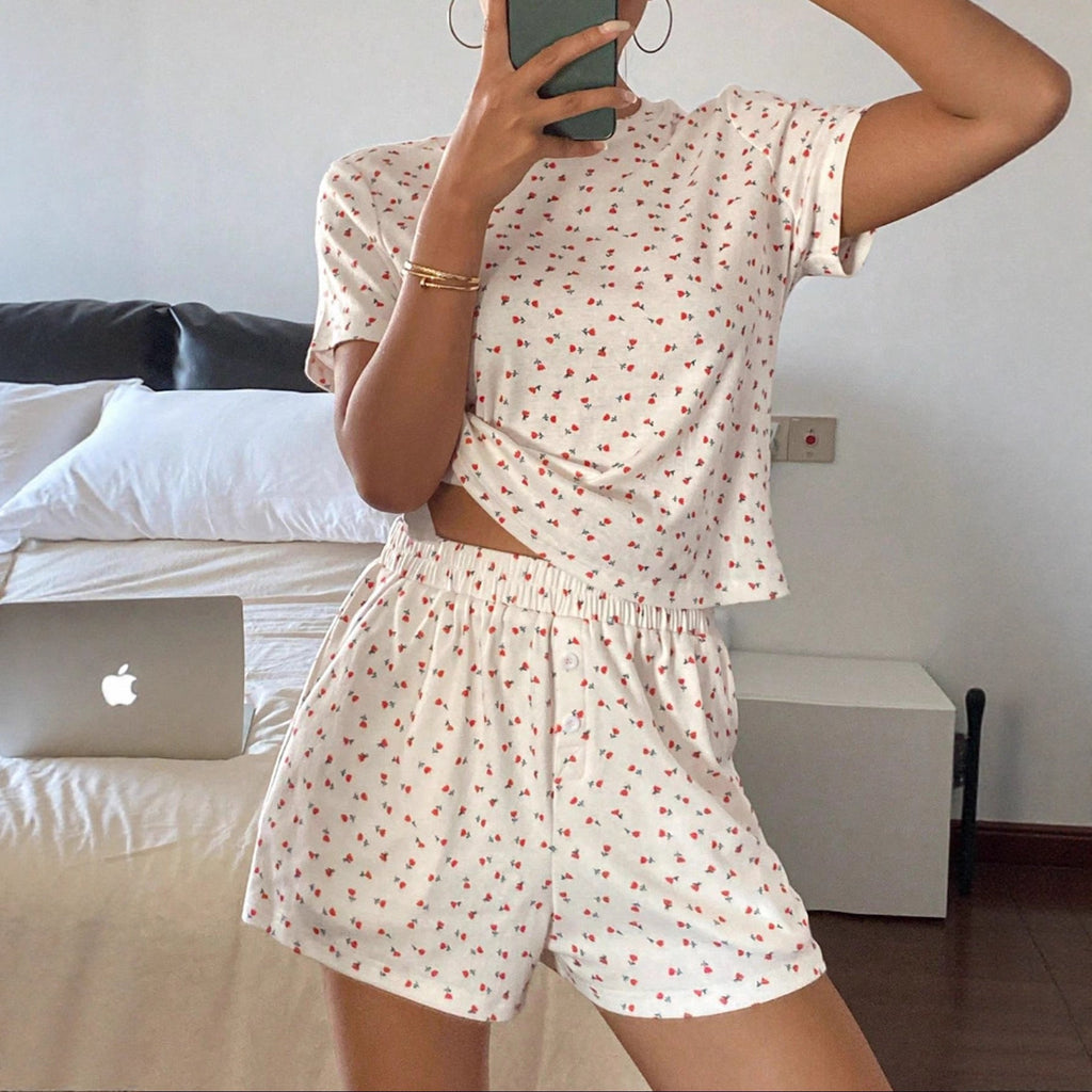 Damen lässiges Schlafanzugset aus atmungsaktivem Baumwollstoff mit zartem Blumendruck Shopnory