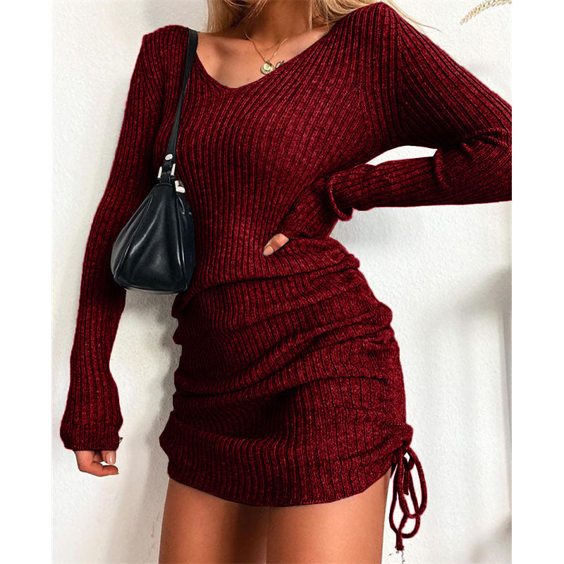 Damen Figurbetontes Rippstrick-Minikleid mit langen Ärmeln und seitlicher Raffung Shop Nory