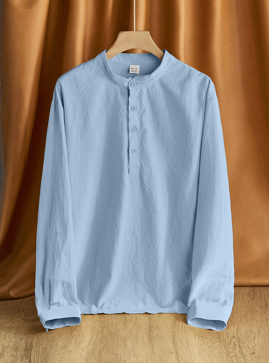 Herren Leinen-Mix Langarmshirt Henley mit Stehkragen Shop Nory