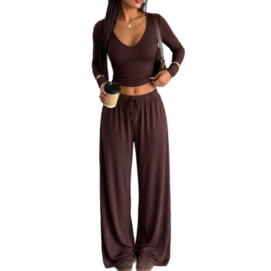 Damen nan elegantes Lounge-Set mit figurbetontem V-Ausschnitt Longsleeve und weiten Relax-Hosen Shop Nory