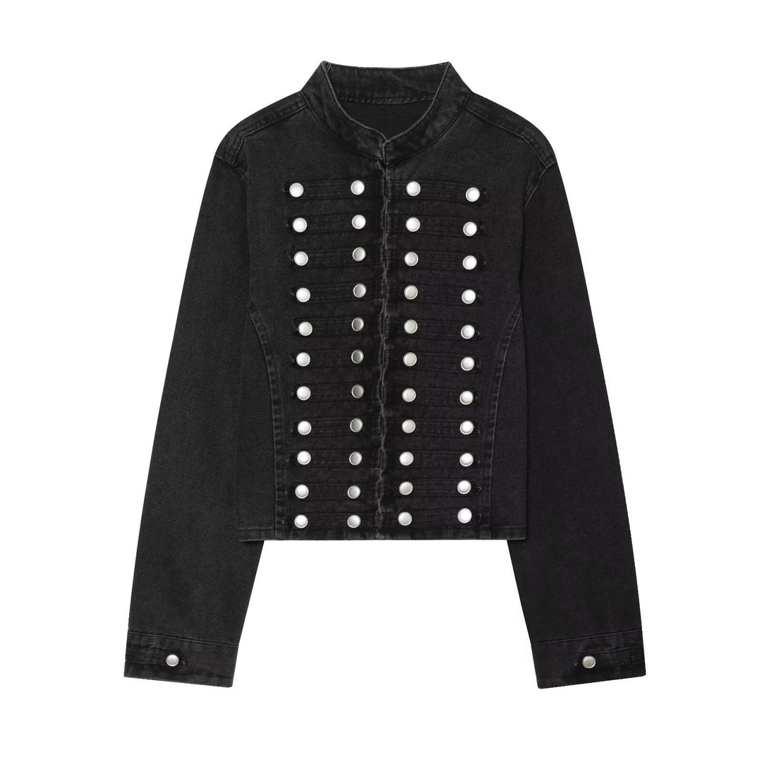 Damen Kurz geschnittene Denimjacke im Militärstil mit Stehkragen und Zierknopfreihen Shop Nory