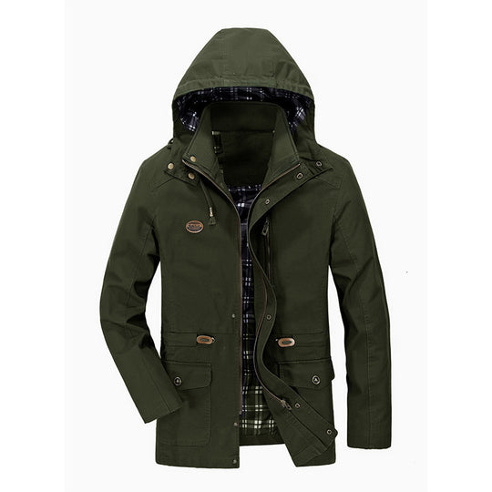 Herren mittellanger Parka mit Kapuze, kariertem Innenfutter und Taillenkordel Shop Nory