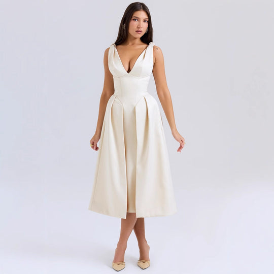Damen Maxikleid mit elegantem V-Ausschnitt und strukturiertem Rock Shopnory