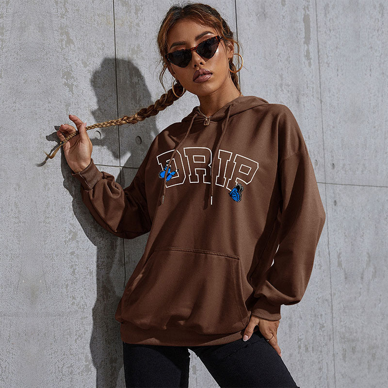 Damen Oversize-Kapuzenpullover mit Kängurutasche und Schmetterling-Stickerei Shop Nory