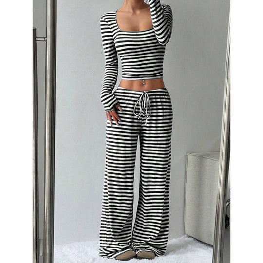 Damen Gestreifter Lounge-Zweiteiler mit weitem Bein und Cropped Langarmtop Shop Nory