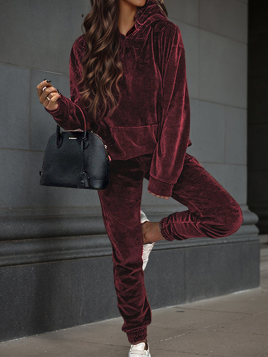 Damen Samt-Jogginganzug mit Kapuzenhoodie, Kängurutasche und elastischer Bündchenhose Shop Nory
