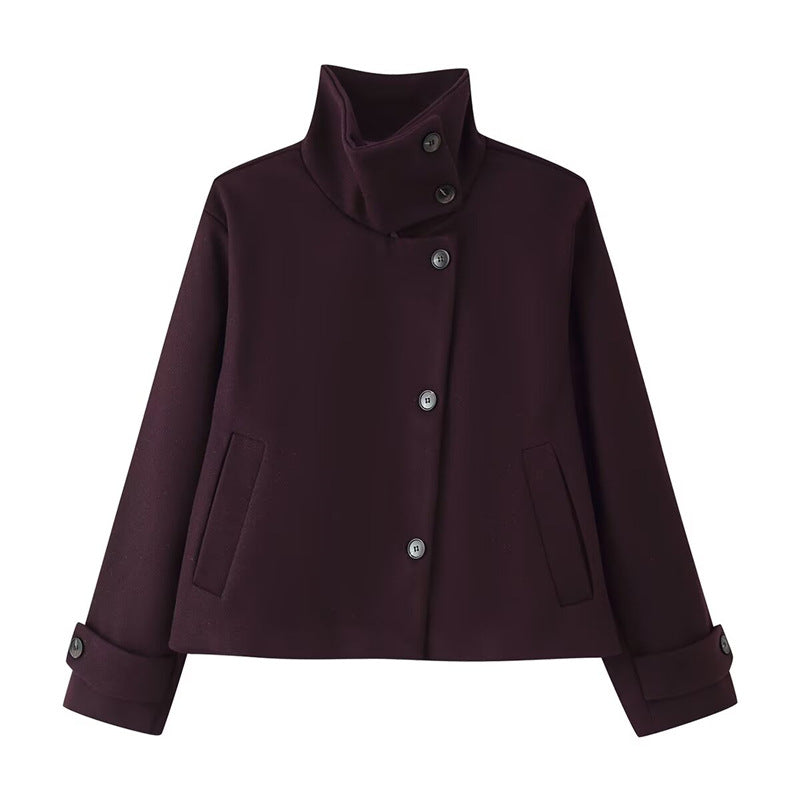 Damen kurze Boxy-Wolljacke mit Stehkragen und Manschetten Shop Nory