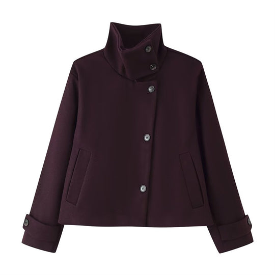 Damen kurze Boxy-Wolljacke mit Stehkragen und Manschetten Shop Nory