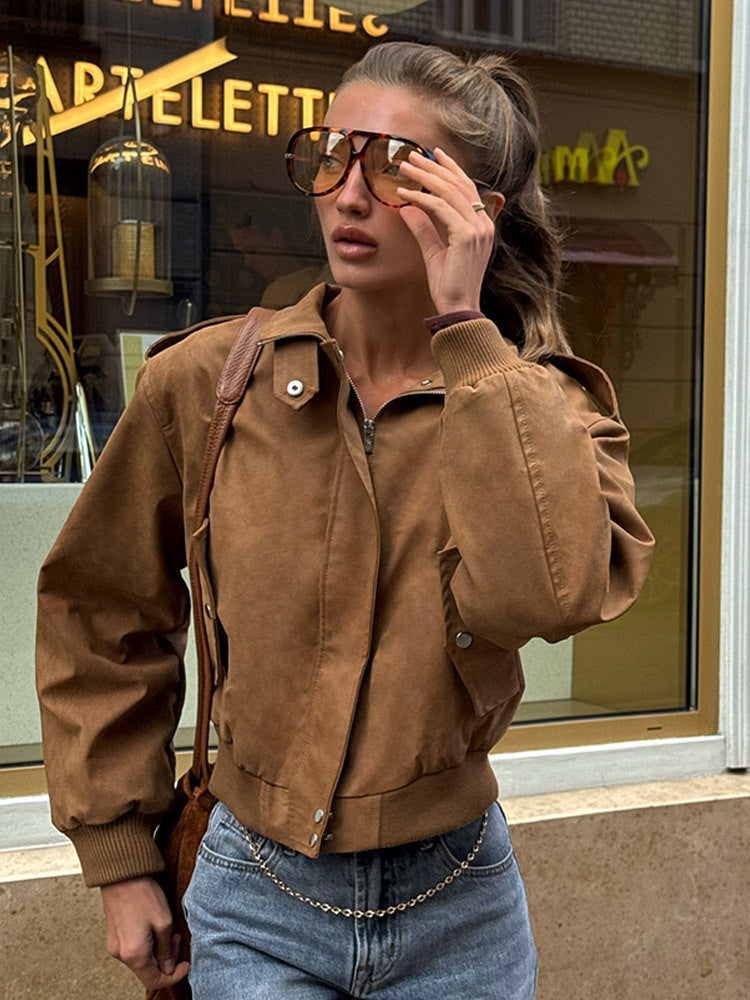 Damen Kurz geschnittene Bomberjacke aus Velourslederoptik mit Rippbündchen Shop Nory