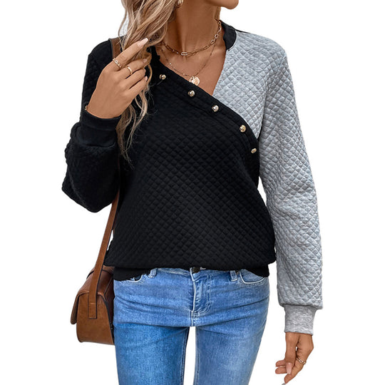 Damen Stepp-Sweatshirt mit asymmetrischem Revers, Zierdruckknöpfen und Colorblock-Ärmeln Shop Nory