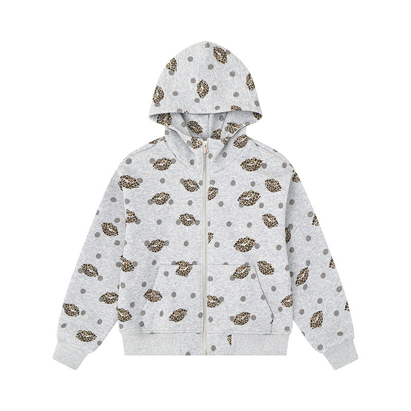 Damen Reißverschluss-Hoodie im Casual-Look mit Lippen‑Motiv und Punktmuster Shop Nory