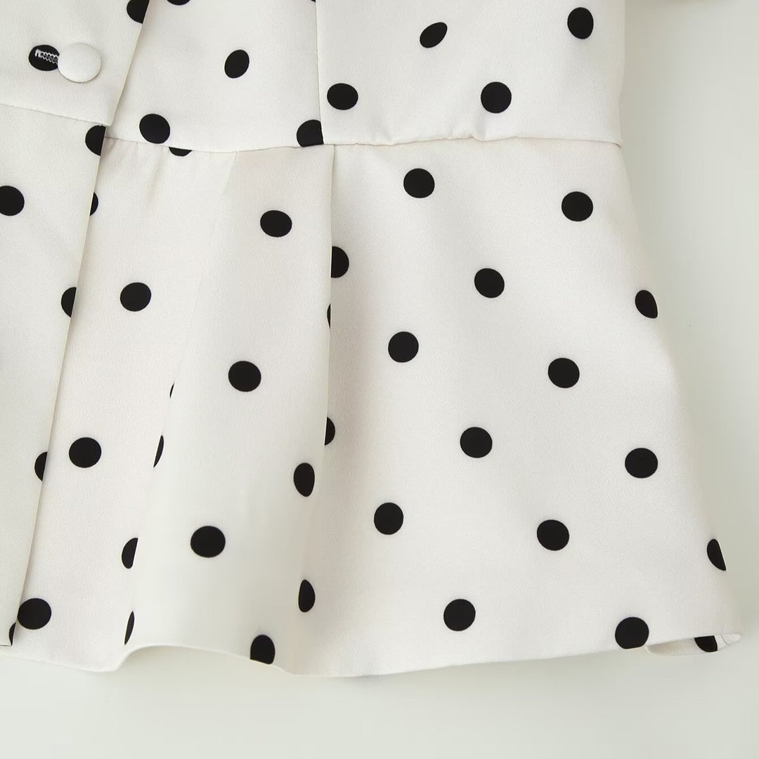 Damen Gepunktete Bluse mit Stehkragen, Puffärmeln und Peplum-Saum Shop Nory