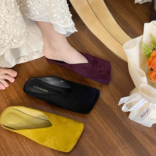 Damen quadratische Samt‑Mules mit V‑Ausschnitt und gepolstertem Komfortfußbett Shop Nory