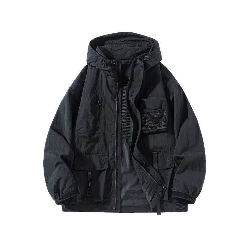 Herren Technische Utility-Outdoorjacke mit Kapuze Multifunktionstaschen und Mesh-Innenfutter Shop Nory