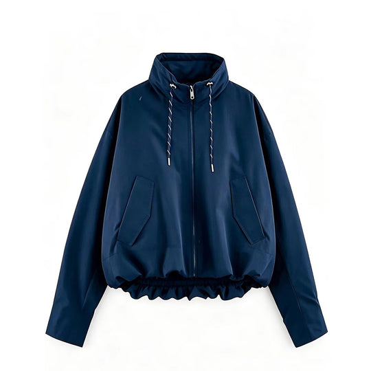 Damen Cropped Oversize Windbreaker mit hohem Funnelkragen, Kordelzug und gerafftem Elastikbund Shop Nory
