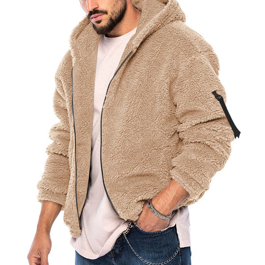 Herren Gefütterte Fleece-Kapuzenjacke mit Teddy-Finish, Reißverschluss und Seitentaschen Shop Nory