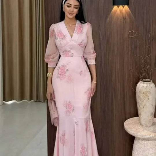 Damen Elegantes Maxikleid im Meerjungfrau‑Schnitt mit V‑Ausschnitt und transparenten Puffärmeln Shop Nory