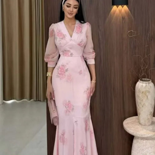 Damen Elegantes Maxikleid im Meerjungfrau‑Schnitt mit V‑Ausschnitt und transparenten Puffärmeln Shop Nory