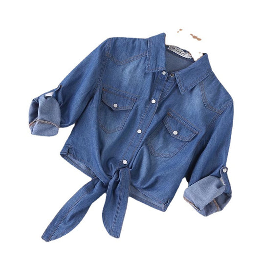 Damen Geknotete Denim Kurzbluse mit Brusttaschen und hochgekrempelten Ärmeln Shop Nory
