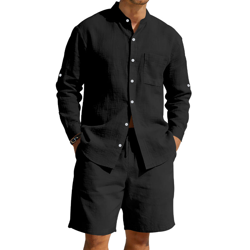 Herren nan sommerliches Leinen-Set mit Stehkragenhemd und Kordelzug-Kurzhose