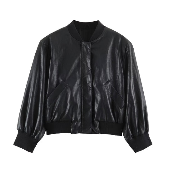 Damen Oversize Bomberjacke aus Kunstleder mit gerippten Bündchen Shop Nory