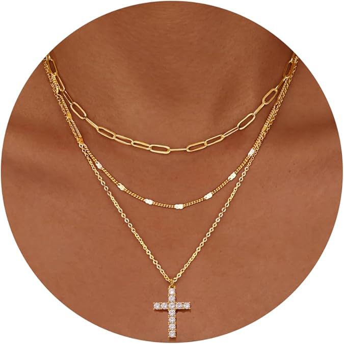 Damen mehrlagige Halskette mit modernem Kreuzanhänger und funkelnden Zirkonia Shop Nory