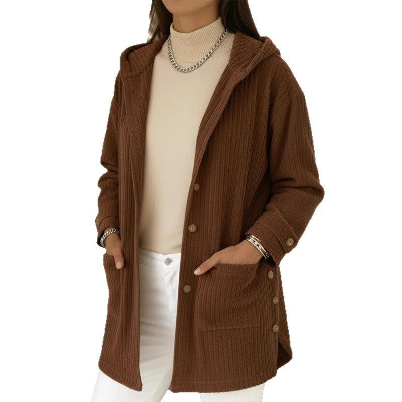 Damen Langer Kapuzen-Strickcardigan mit Rippenstruktur, Knopfleiste und Seitentaschen Shop Nory