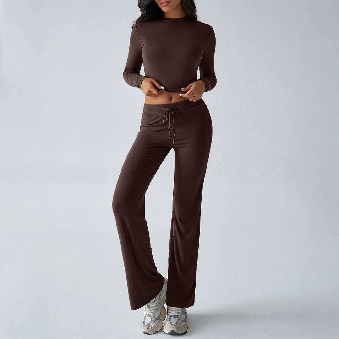 Damen nan tailliertes Longsleeve-Crop-Top und weite Lounge-Hose im Zweiteiler-Set aus Stretchjersey Shop Nory