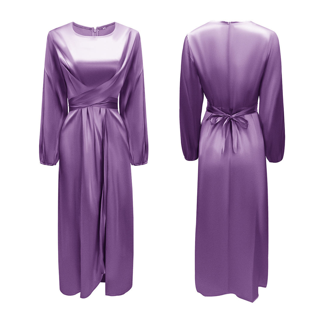 Damen Elegantes Maxikleid aus Satin mit Wickel-Detail, Langarm und Taillenband Shop Nory