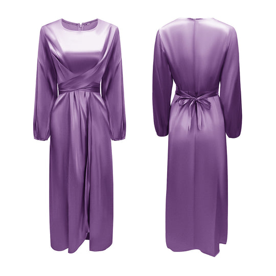 Damen Elegantes Maxikleid aus Satin mit Wickel-Detail, Langarm und Taillenband Shop Nory